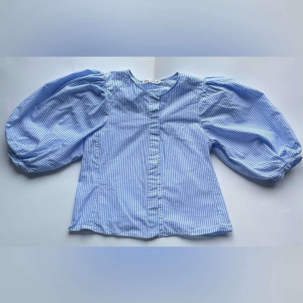Zara Cotton Puff Sleeve Blouse Blue Stripe Small - Picture 9 of 9